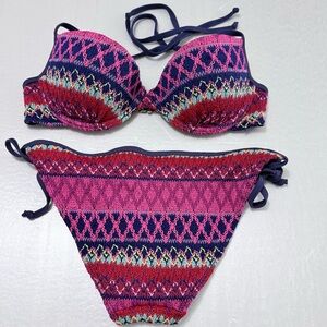 Hollister Pink & Navy Crochète 2 Piece Push-Up Bikini Swim wear Size XS US